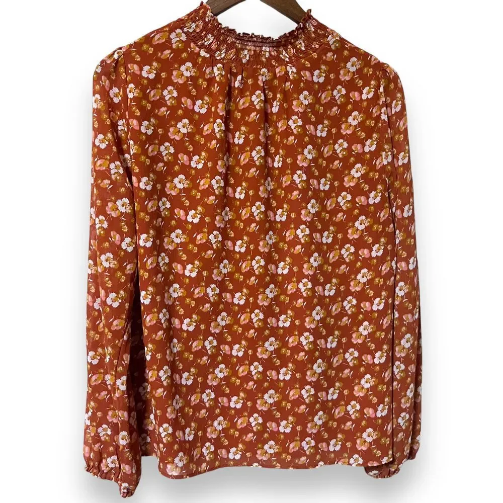 J Crew Shirt Medium Smocked Puff Sleeve Ruffle‎ Burnt Orange Floral Blouse